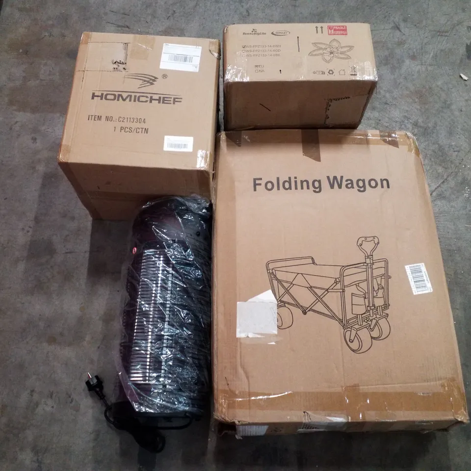 PALLET OF ASSORTED PRODUCTS INCLUDING FOLDING WAGON, INFRARED TOWER HEATER, CEILING FAN, INDUCTION POT, FULL LENGTH MIRROR 