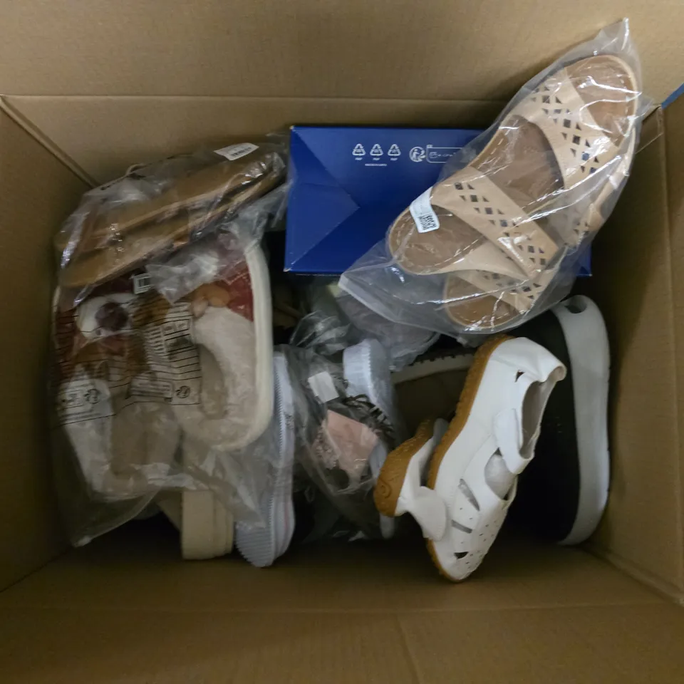 BOX OF APPROXIMATELY 12 PAIRS OF UNBOXED ASSORTED SHOES IN VARIOUS COLOUR, STYLES AND SIZES