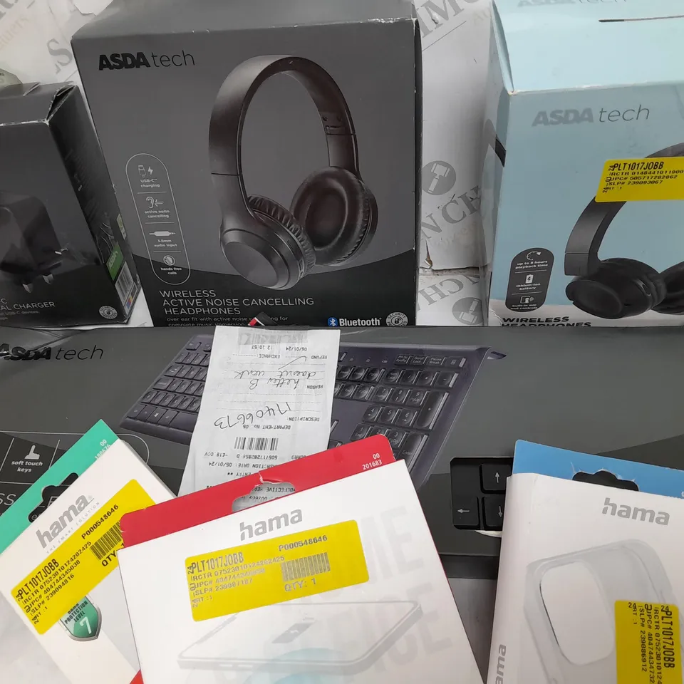  APPROXIMATELY 7 ASSORTED ASDA TECH ITEMS INCLUDING WIRELESS ACTIVE NOISSE CANCELLING HEADPHONES, WIRELESS KEYBOARD