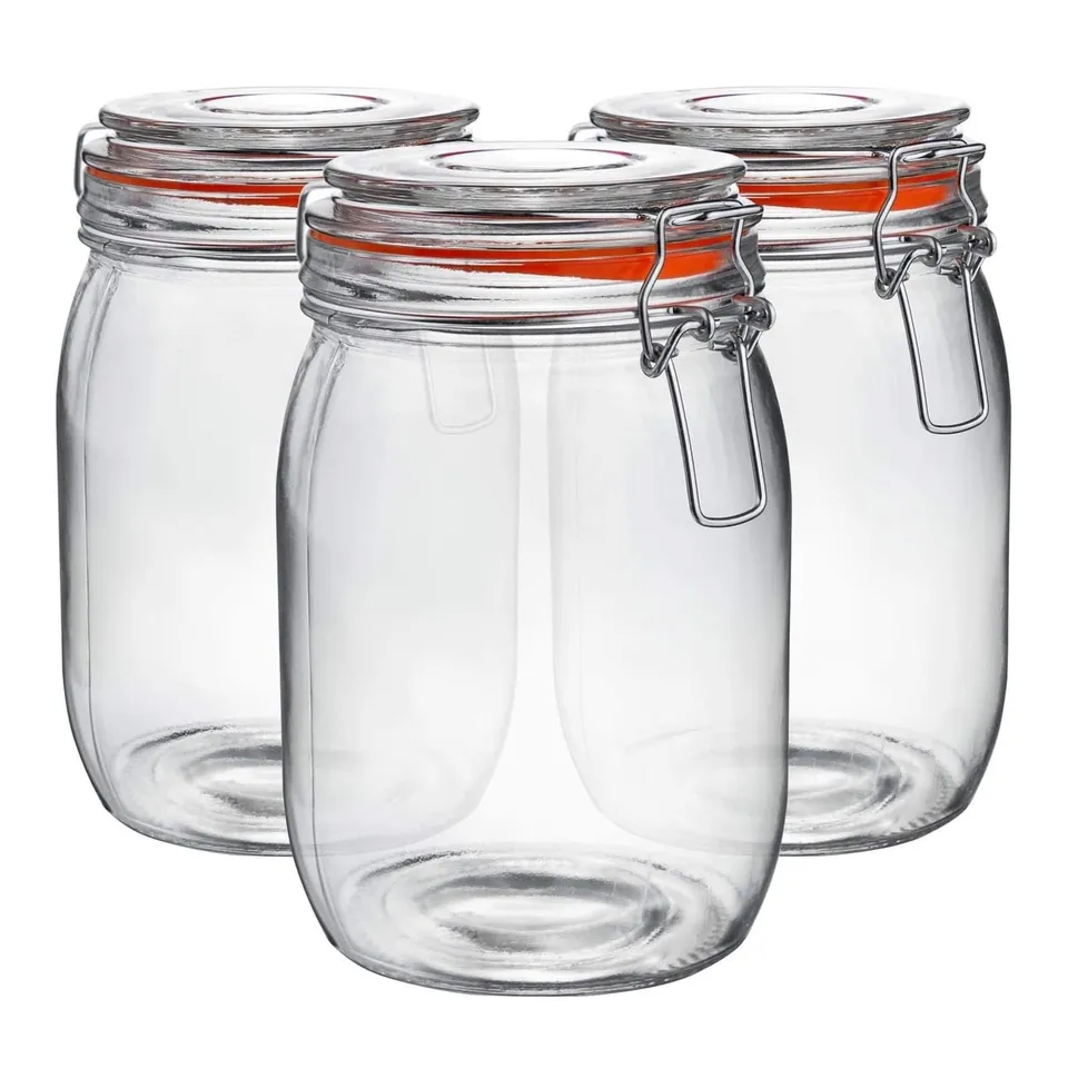 BOXED NEO PACK OF 3 APPROXIMATELY CANISTERS TABLEWARE SCANDI GLASS STORAGE JARS WITH AIRTIGHT SILICONE SEAL METAL CLIP TOP LIDS