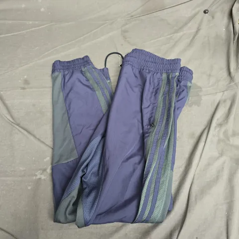 ADIDAS TRACK PANTS – PURPLE WITH GREEN SIDE STRIPES, MEN'S SIZE M