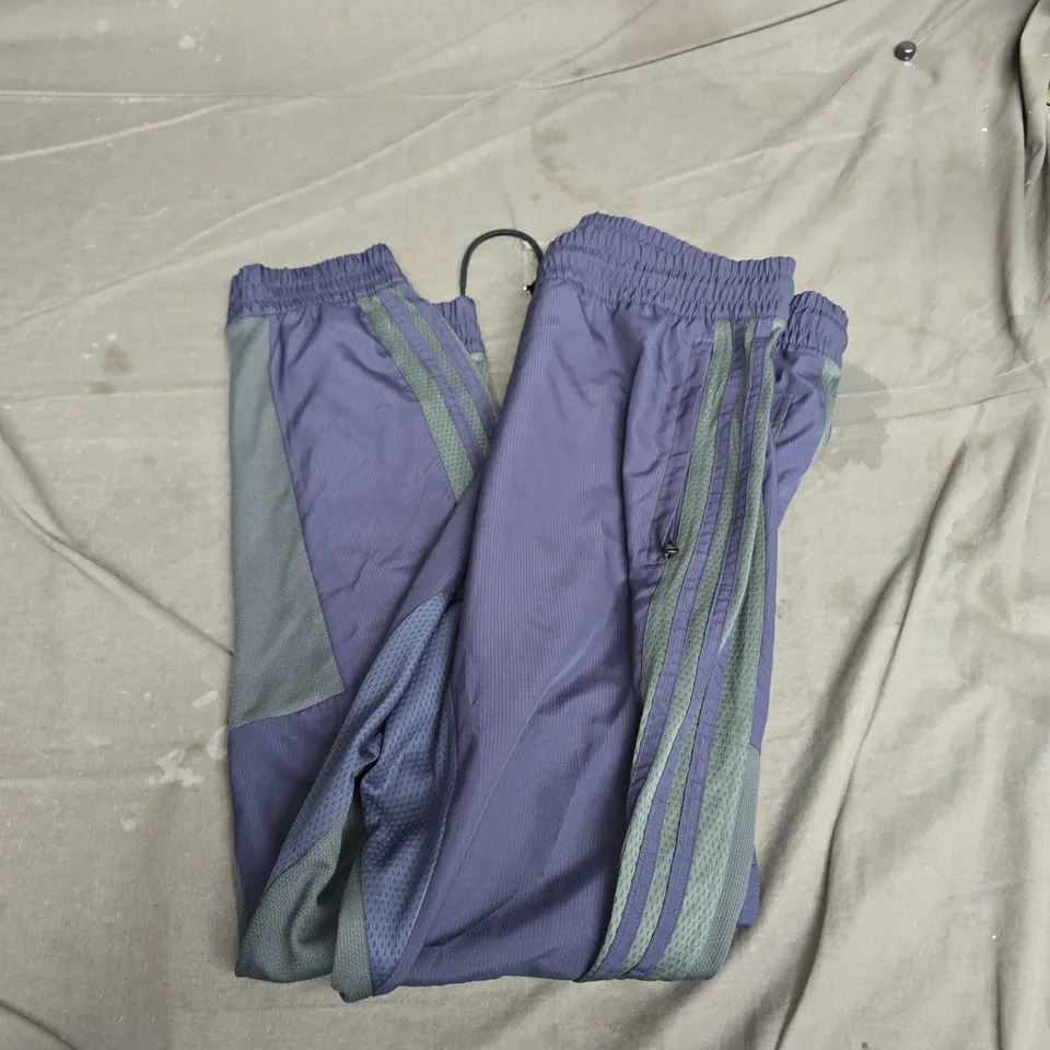 ADIDAS TRACK PANTS – PURPLE WITH GREEN SIDE STRIPES, MEN'S SIZE M