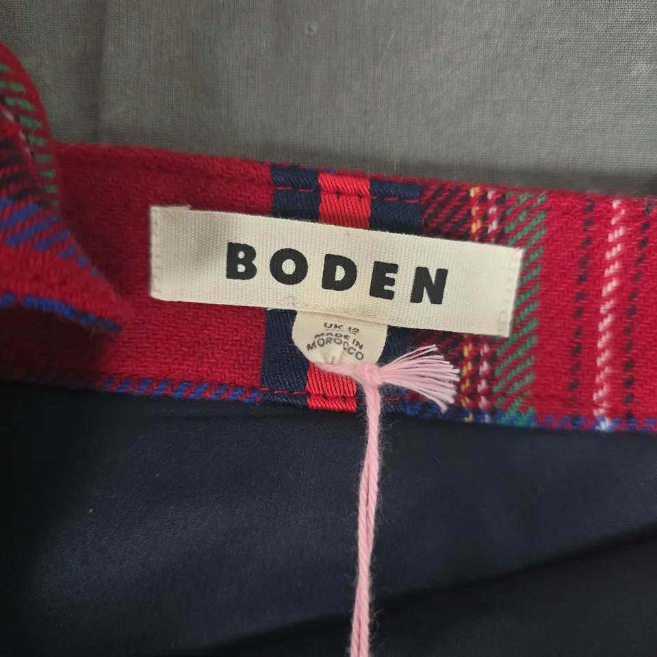 BODEN RED PLAID SKIRT, BUTTON-FRONT, UK 12