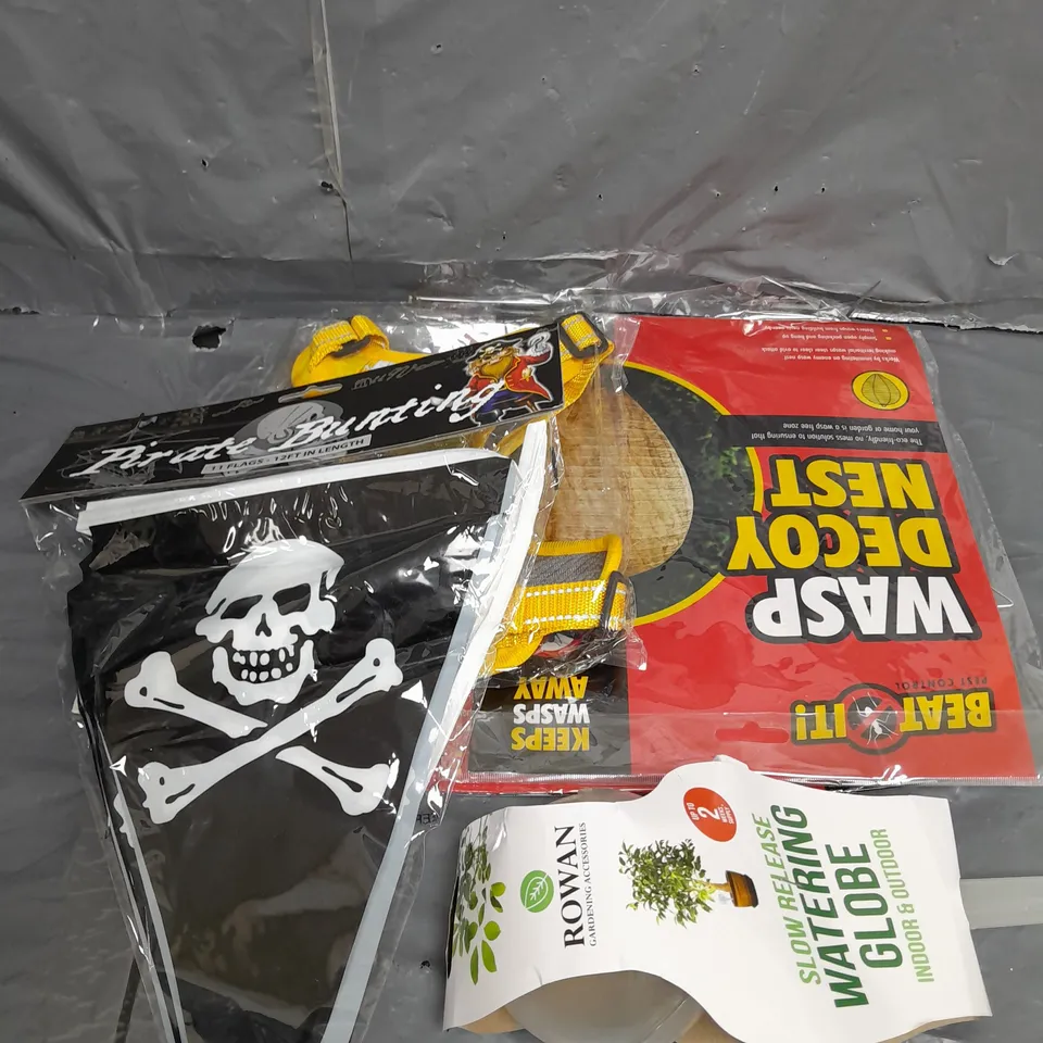 APROXIMATELY 15 ASSORTED HOUSEHOLD ITEMS TO INCLUDE WASP DECOY NEST , GOD VESTS , ETC 