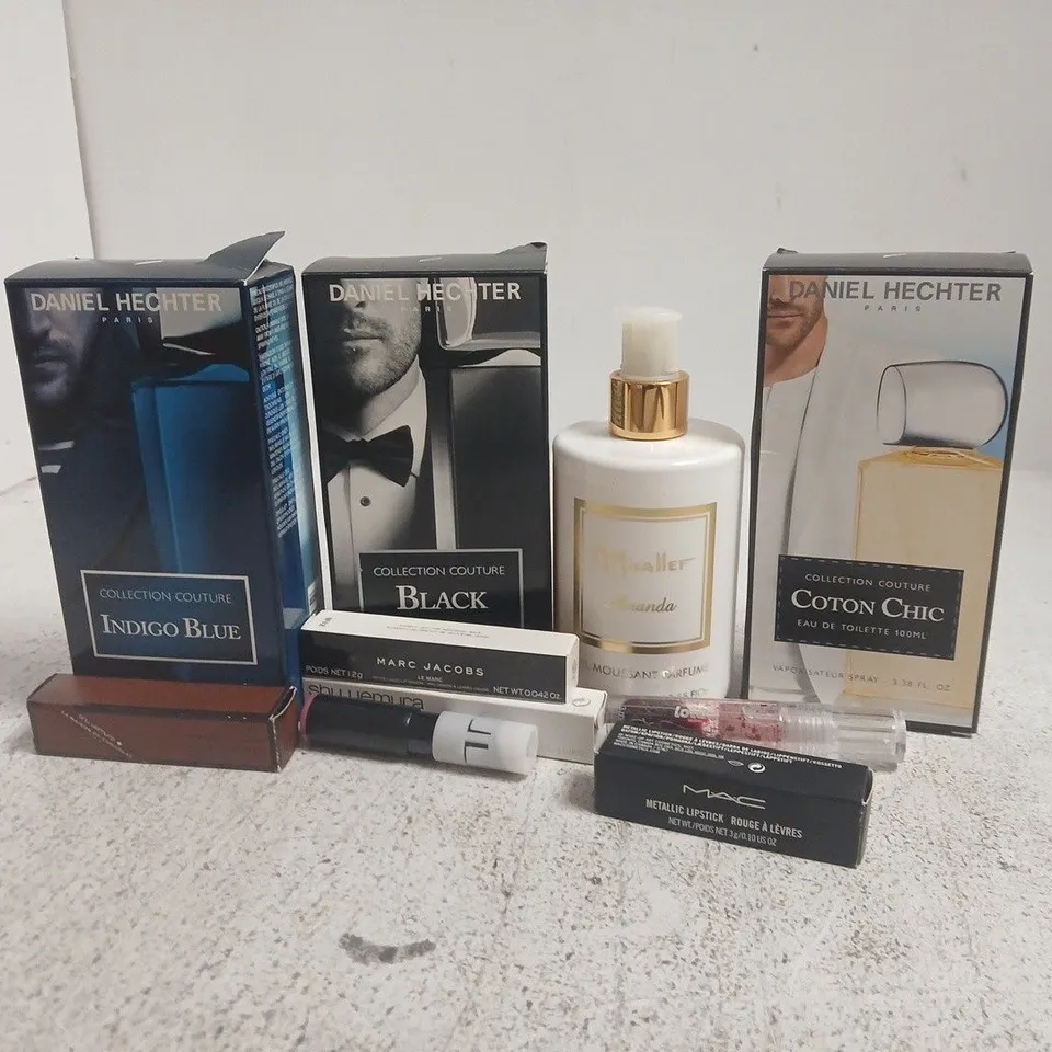 APPROXIMATELY 25 ASSORTED COSMETICS ITEMS TO INCLUDE DANIEL HECHTER COTTON CHIC, MAC LIPSTICK, MARC JACOBS LE MARC, ETC - COLLECTION ONLY