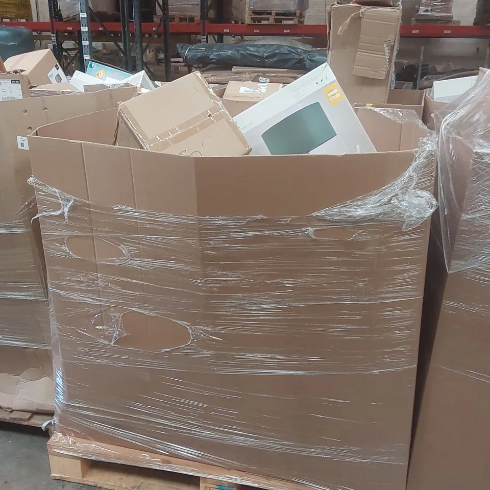 PALLET CONTAINING A VERY LARGE QUANTITY OF ASSORTED DESIGNER LIGHTING PRODUCTS INCLUDING: NESA TOUCH TABLE LAMP, GRACIE FLOOR LAMP, HAZELLE FLOOR LAMP, ALEXIS CEILING PENDANT, DISCO BALL LED NEON MIRR