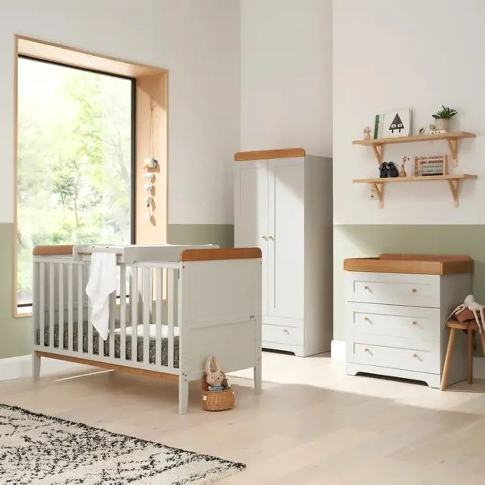 BOXED TUTTI BAMBINI ALBA COT BED - WHITE SAND AND DISTRESSED OAK