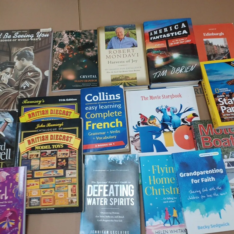 LARGE QUANTITY OF ASSORTED BOOKS TO INCLUDE COLLECTORS CAR MANUALS, WORLD WAR TWO SONGS AND VARIOUS CHILDRENS BOOKS