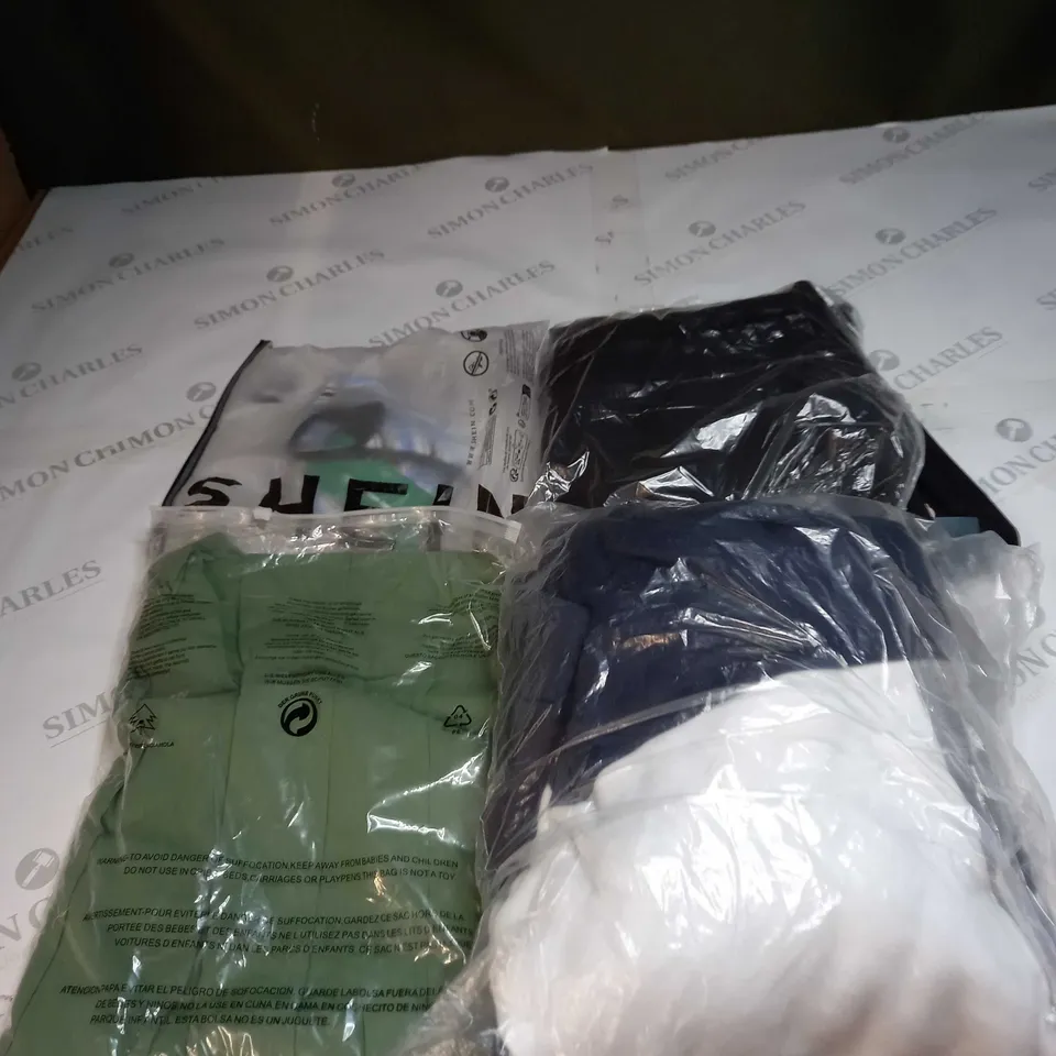  BOX OF ASSORTED CLOTHING ITEMS TOO INCLUDE DRESSES , SHIRTS AND TROUSERS IN VARIOUS SIZES AND COLOURS   