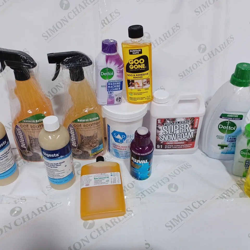 BOX TO CONTAIN APPROX. 20 X ASSORTED BOTTLED CLEANING PRODUCTS, INCLUDES SNOW FOAM, DETOL, WASHING UP LIQUID ETC - COLLECTION ONLY