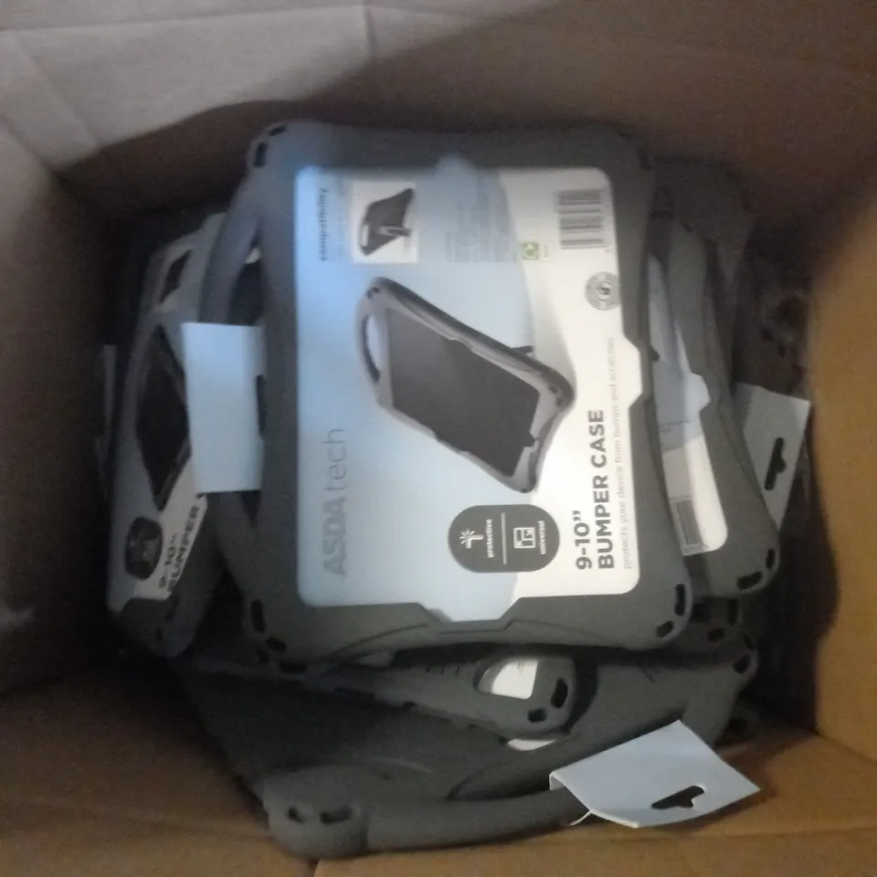 BOX OF APPROX. 20 ASSORTED 9-10 INCH BUMPER CASE IN GREY WITH BACK STAND 