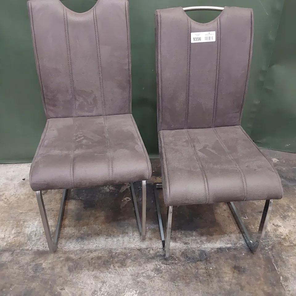PAIR OF UPHOLSTERED DINING CHAIRS FAWN FAUX SUEDE ON CHROME FRAMES