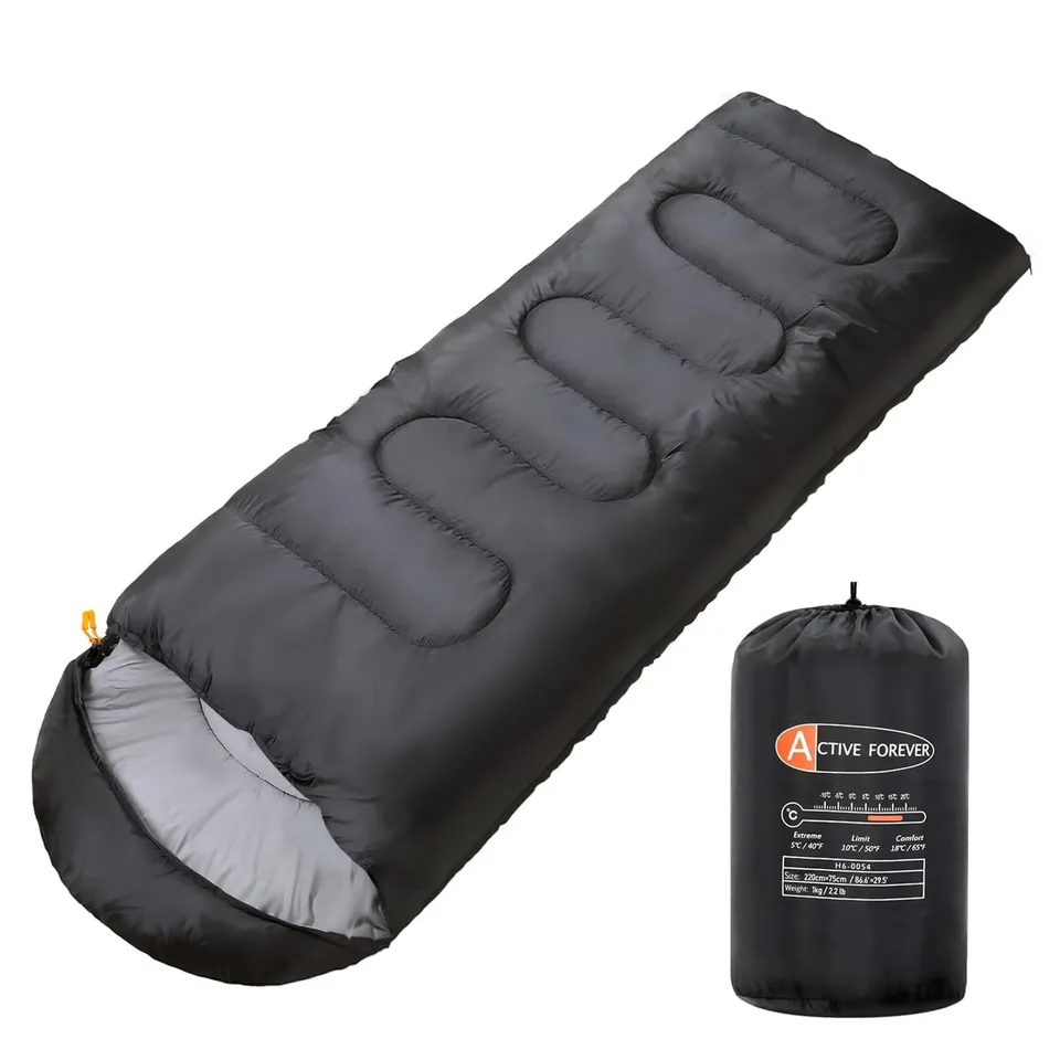 ACTIVE FOREVER RECTANGULAR SLEEPING BAG 3 SEASONS - LIGHTWEIGHT CAMPING SLEEPING BAGS - BLACK