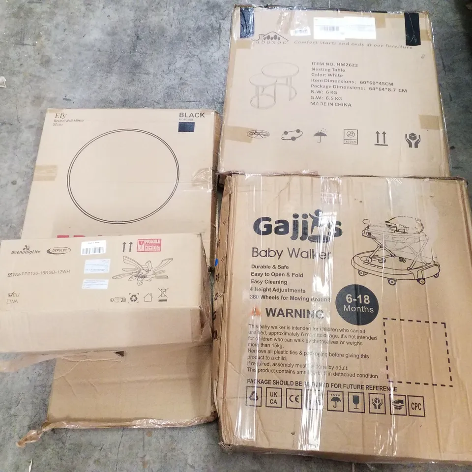 PALLET CONTAINING ASSORTED PRODUCTS INCLUDING ROUND WALL MIRROR, BABY WALKER, CEILING FAN, NESTING COFFEE TABLE