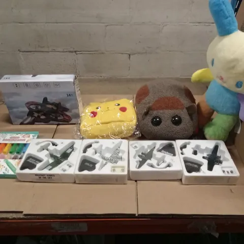 BOX OF APPROXIMATELY 18 ASSORTED HEALTH AND BEAUTY PRODUCTS TO INCLUDE; SOFT TOYS, PLASTIC DOLLS, MILITARY AIRCRAFT TOYS ETC