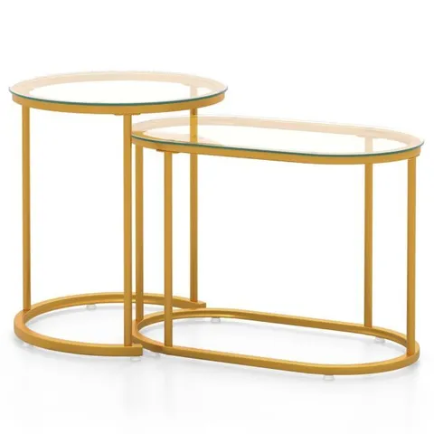 BOXED NESTING COFFEE TABLE SET OF 2 WITH TEMPERED GLASS TABLETOP - GOLD