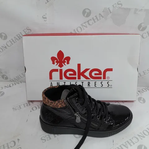 BOXED RIEKER HIGH TOP CUFFED SHOES, LEOPARD/BLACK - SIZE 4