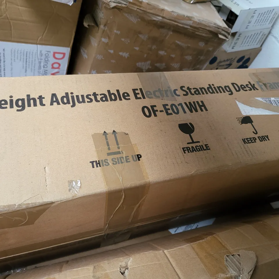 PALLET OF APPROXIMATELY 10 ASSORTED HOME, GARDEN AND COOLING ITEMS TO INCLUDE HEIGHT ADJUSTABLE STANDING DESK FRAME, 3X3M GAZEBO,  MONHOUSE DEHUMIDIFIER, HOMIDEC FLAT PACK DESK WITH STORAGE, ETC