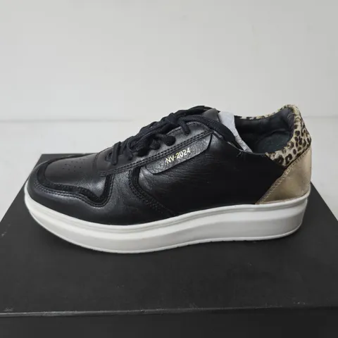BOXED NV KAI LACE UP TRAINERS, BLACK/LEOPARD PRINT - SIZE 4
