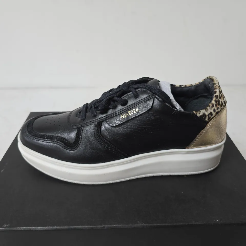BOXED NV KAI LACE UP TRAINERS, BLACK/LEOPARD PRINT - SIZE 4