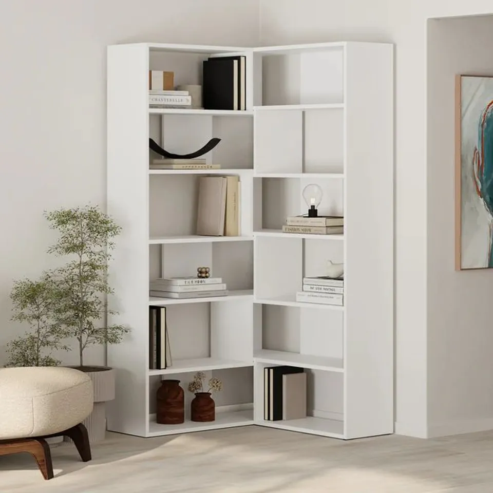 BOXED MOLLY MODERN CORNER MULTIPURPOSE BOOKCASE DISPLAY UNIT NO.4 TALL 179 CM - WHITE (3 BOXES)