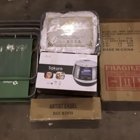 PALLET OF ASSORTED PRODUCTS INCLUDING ARTIST EASEL, SAKURA MULTIFUNCTION RICE COOKER, MULBERRY SILK DUVET, LAWN CHAIR, MIRROR 
