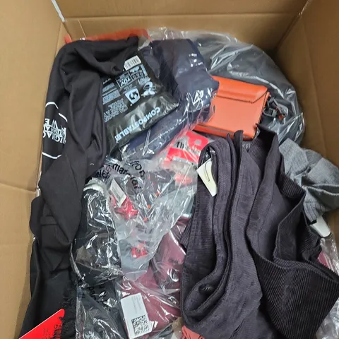 LARGE BOX OF ASSORTED CLOTHING ITEMS IN VARIOUS SIZES, STYLES AND COLOUR 