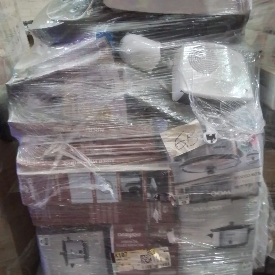 PALLET CONTAINING VARIOUS ELECTRICAL ITEMS AND HOUSEHOLD PRODUCTS TO INCLUDE: 3KW FAN HEATER,MICROWAVE,500W GLASS JUG BLENDER