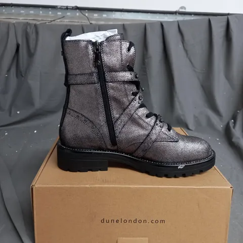 DUNE LONDON EMBELLISHED LEATHER BOOT IN PEWTER - SIZE 8