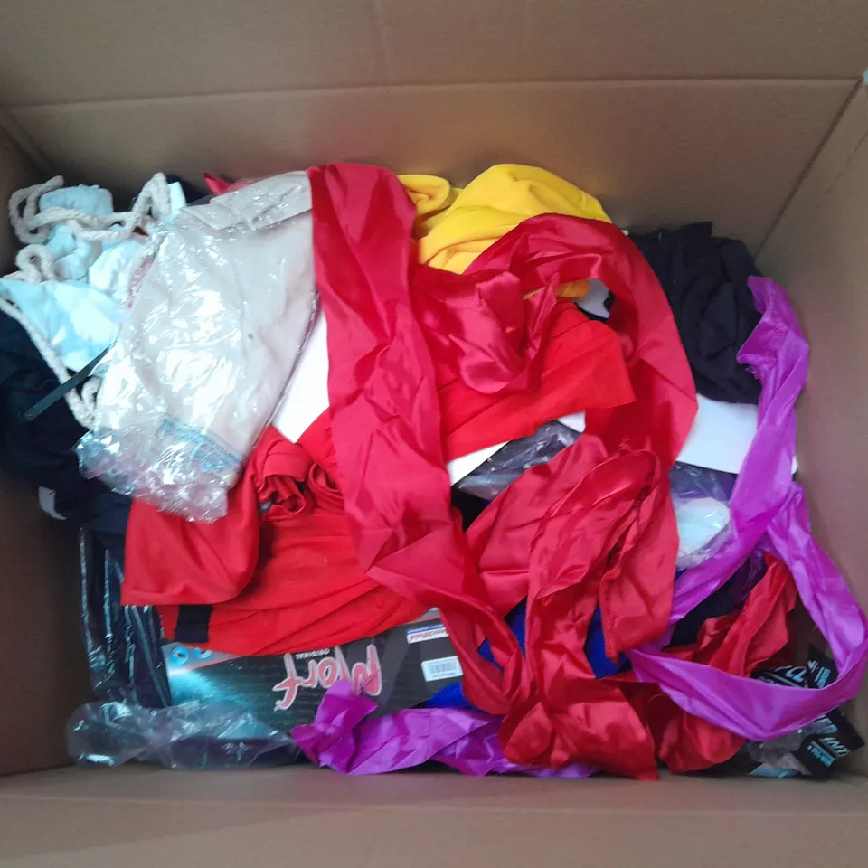 LARGE BOX OF ASSORTED SPORTS CLOTHING ITEMS IN VARIOUS SIZES, COLOURS AND STYLES