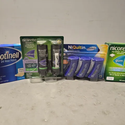 TOTE OF APPROXIMATELY 12 ASSORTED SMOKING AID ITEMS TO INCLUDE - NICORETTE GUM , NICOTINELL PATCH , NICORETTE MOUTHSPRAY ETC