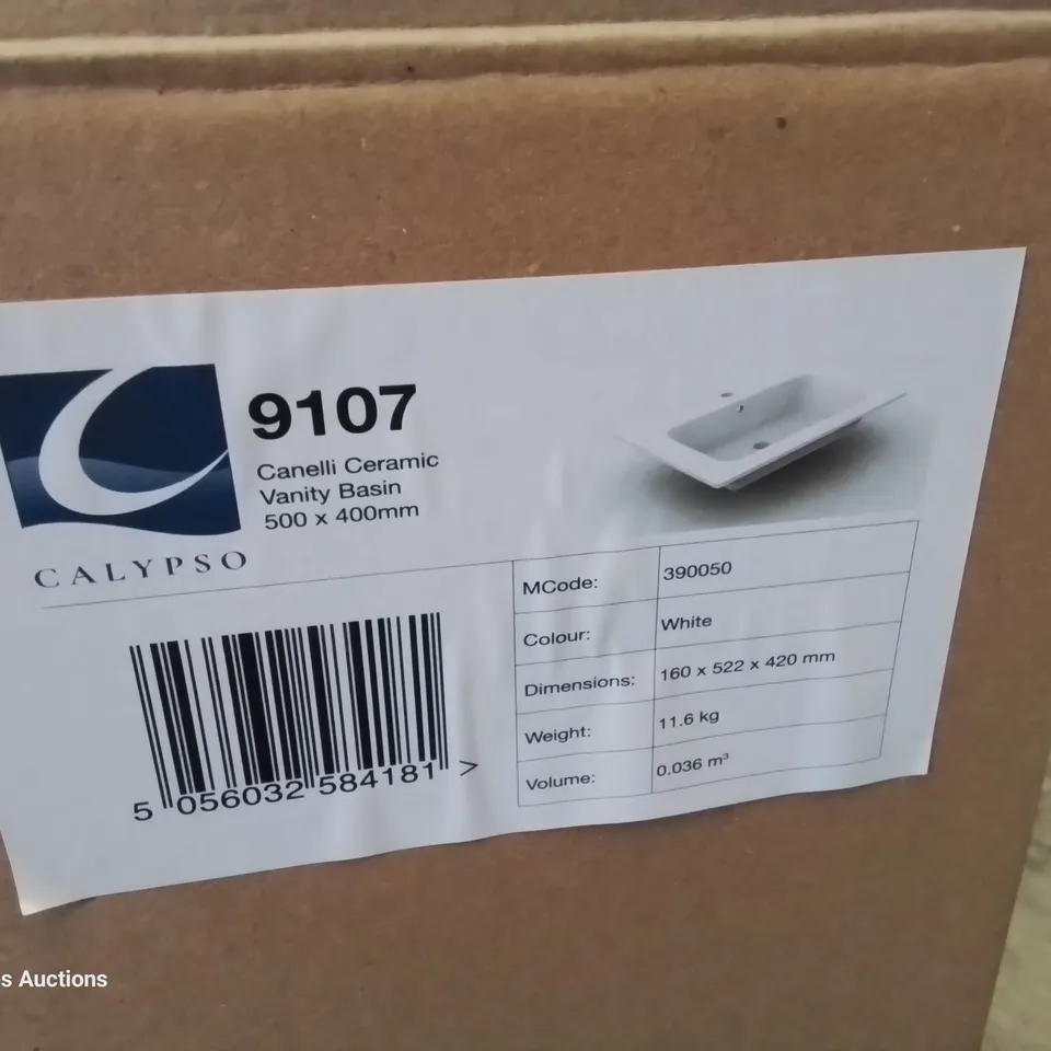 BOXED CANELLI CERAMIC SINGLE TAP VANITY BASIN WHITE 500 × 400mm