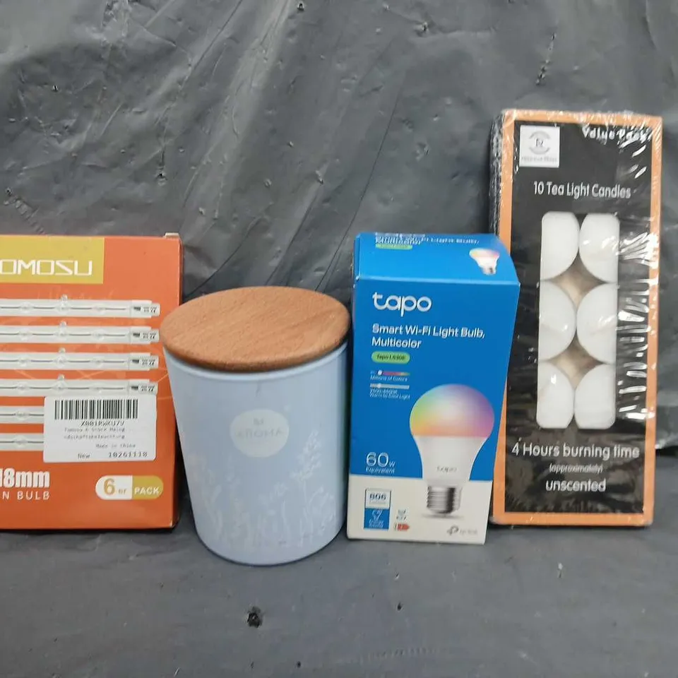 BOX OF APPROXIMATELY 12 ASSORTED ITEMS TO INCLUDE - 10 TEA LIGHTS , TAPO SMART WI-FI LIGHT BULB , HALOGEN BULB ETC