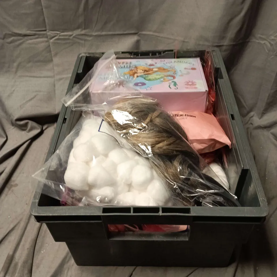 BOX OF APPROXIMATELY 15 ASSORTED COSMETIC ITEMS TO INCLUDE COTTON BALLS, HARD WAX BEADS, WIGS, LITTLE MERMAID BATH BOMBS ETC