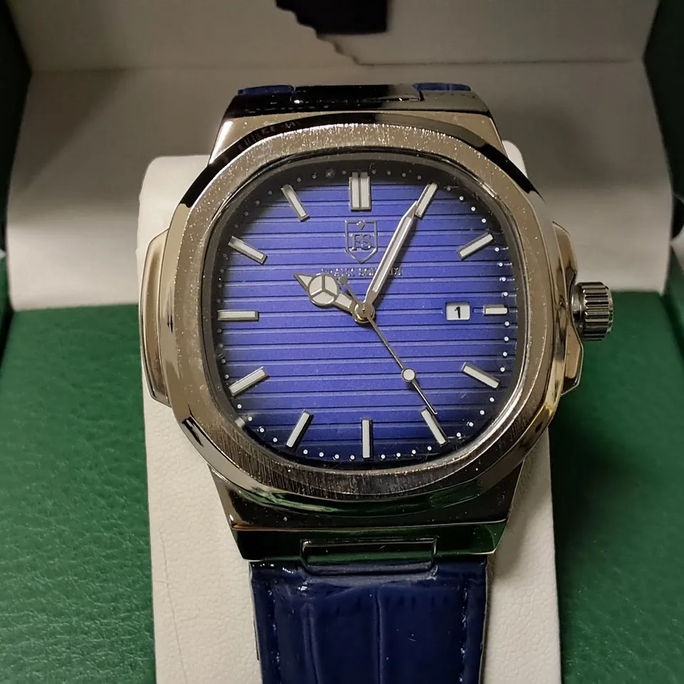 FRANK SCHMIDT STAINLESS STEEL GENTS WATCH WITH BLUE FACE AND LEATHER STRAP