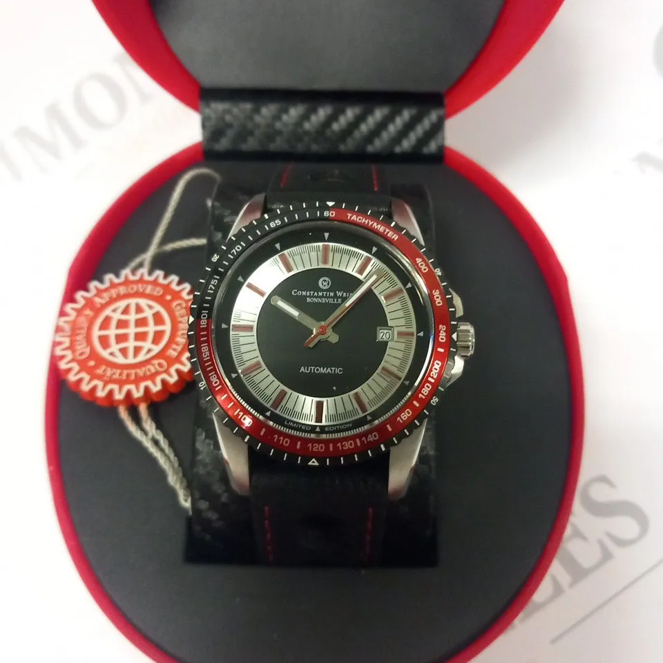 BOXED CONSTANTIN WEISZ BONNEVILLE AUTOMATIC BLACK WRIST WATCH 