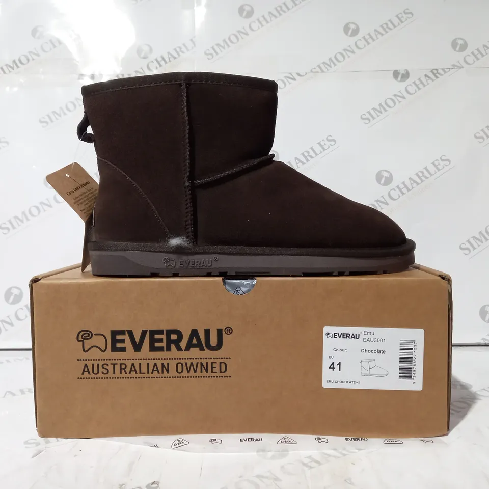 BOXED PAIR OF EVERAU FAUX FUR LINED SHOES IN CHOCOLATE COLOUR EU SIZE 41