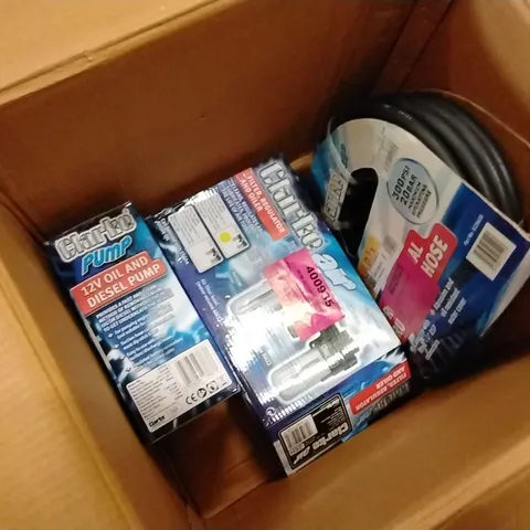 BOX TO CONTAIN ASSORTED TOOLS AND PRODUCTS TO INCLUDE;OIL AND DIESEL PUMP,FILTER AND OIL REGULATOR,PRESSURE HOSE
