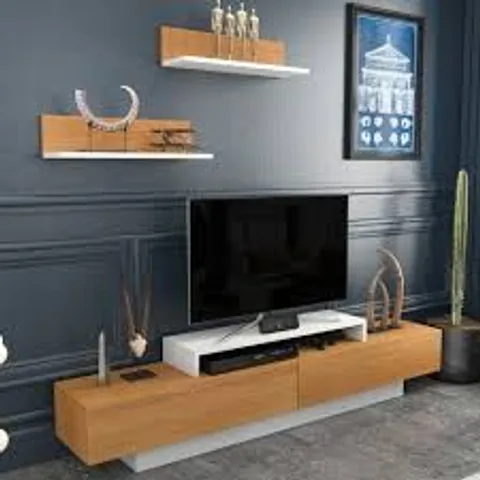 BOXED DECOROTIKA LUSI 2 DOOR SINGLE SHELF WHITE AND TEAK TV UNIT (1 BOX)