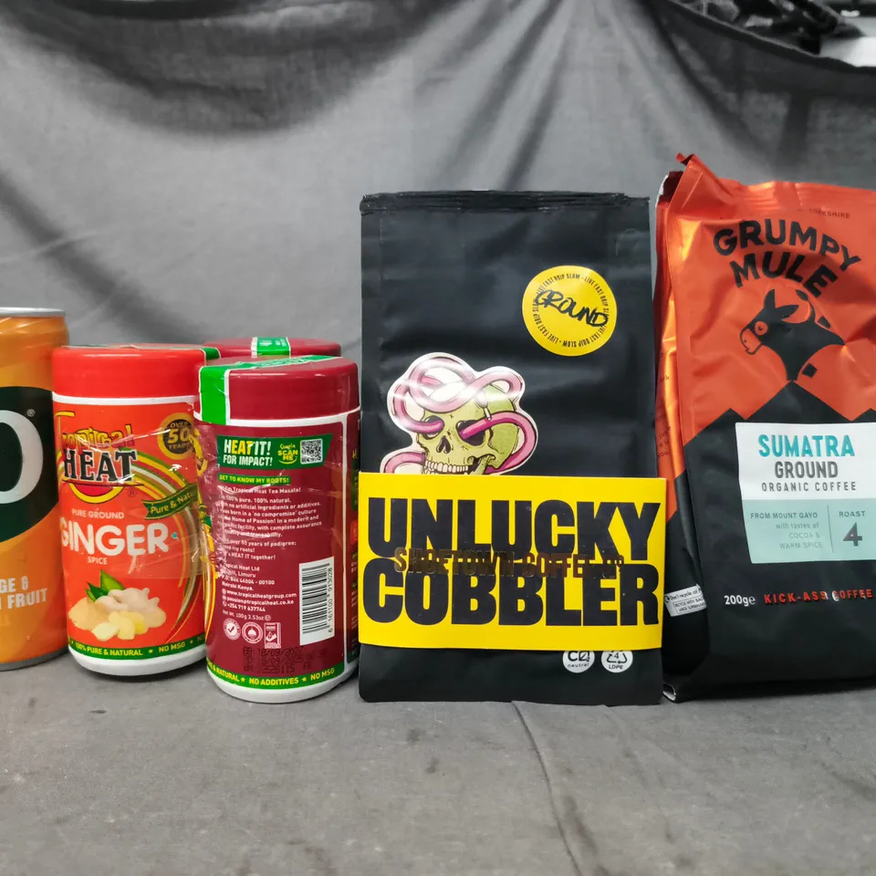 APPROXIMATELY 10 ASSORTED FOOD AND DRINK ITEMS TO INCLUDE GRUMPY MULE COFFEE, J20, ETC