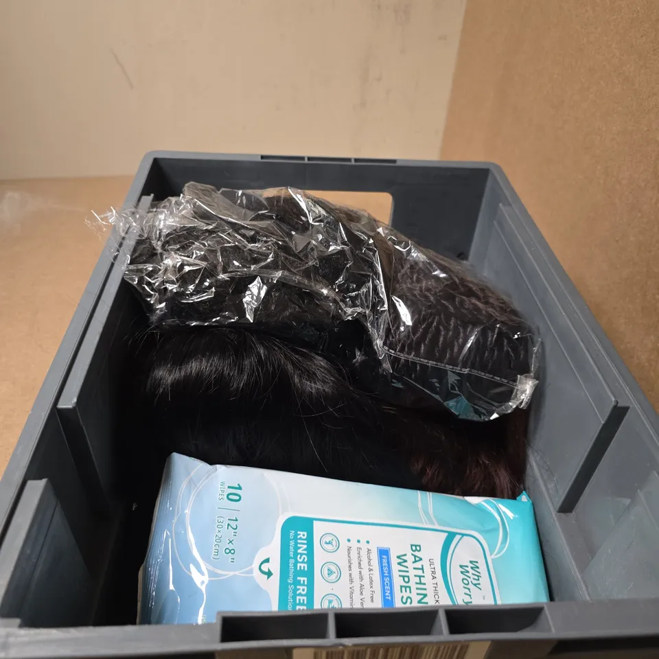 APPROXIMATELY 6 ASSORTED COSMETIC ITEMS INCLUDING BATHING WIPES AND WIGS