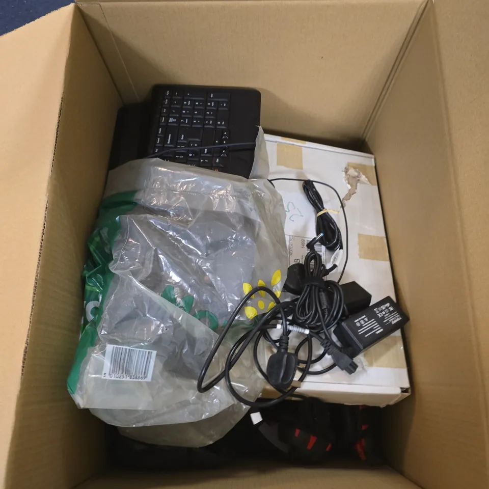 BOX OF APPROXIMATELY 10 VARIOUS ITEMS INCLUDING ONIKUMA HEADPHONES, TECHNICOLOR DGA4135 AND A LOGITECH KEYBOARD