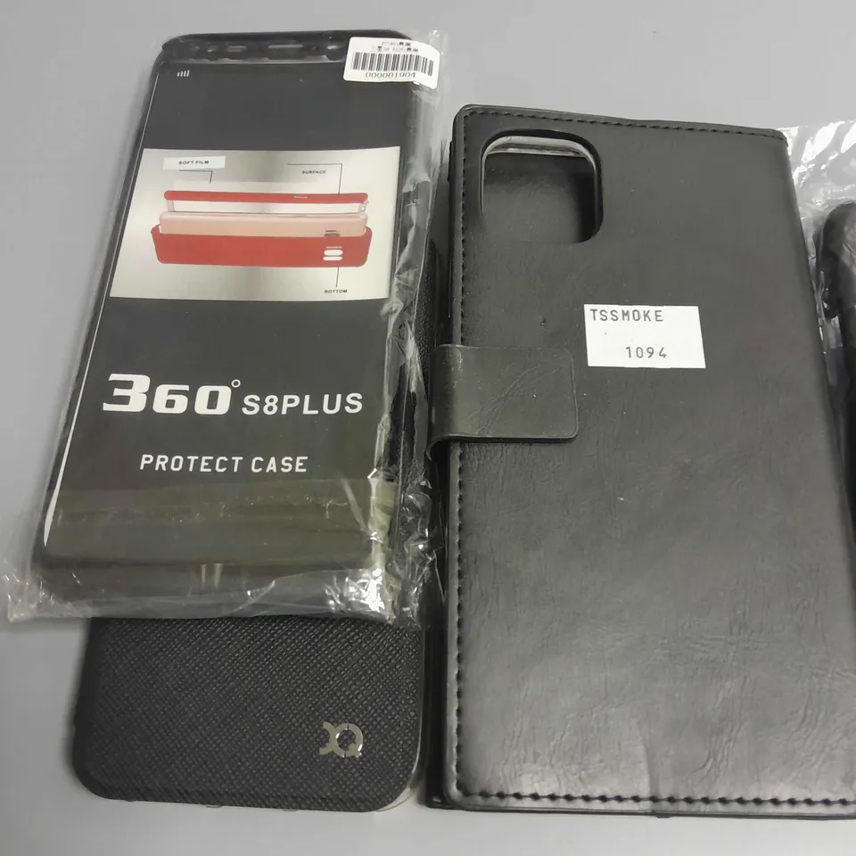 LOT OF 5 ASSORTED PHONE CASES TO INCLUDE BLACK S8 PLUS AND FAUX LEATHER FOLIO