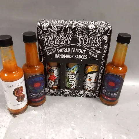 SIX ASSORTED SAUCES TO INCLUDE; TUBBY TOMS WORLD FAMOUS HANDMADE SAUCE SET, SATANS GRAVY AND BELLA PEPER SCOTCH BONNET HOT SAUCE