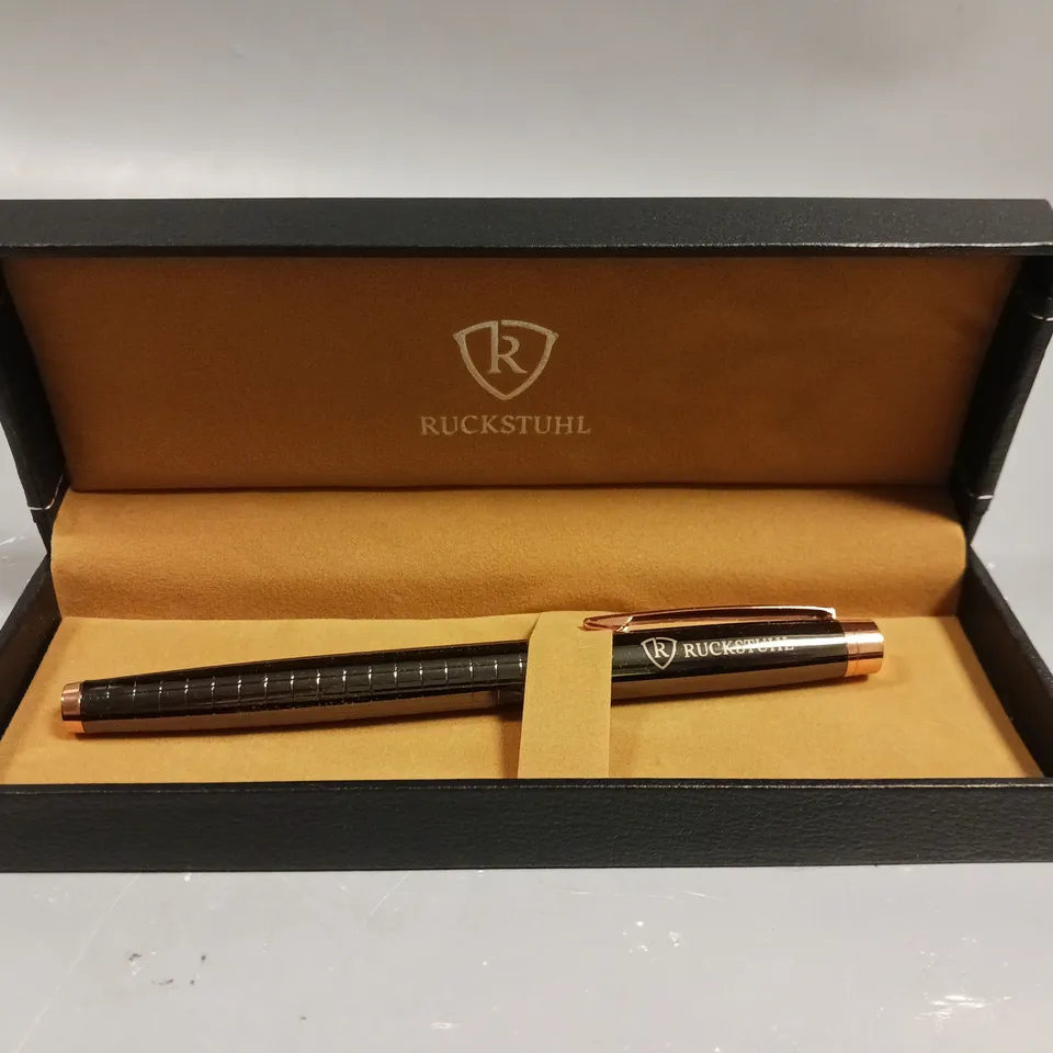 RUCKSTUHL STAINLESS STEEL LUXURY PEN IN GIFT BOX – BLACK & ROSE GOLD COLOUR CASE