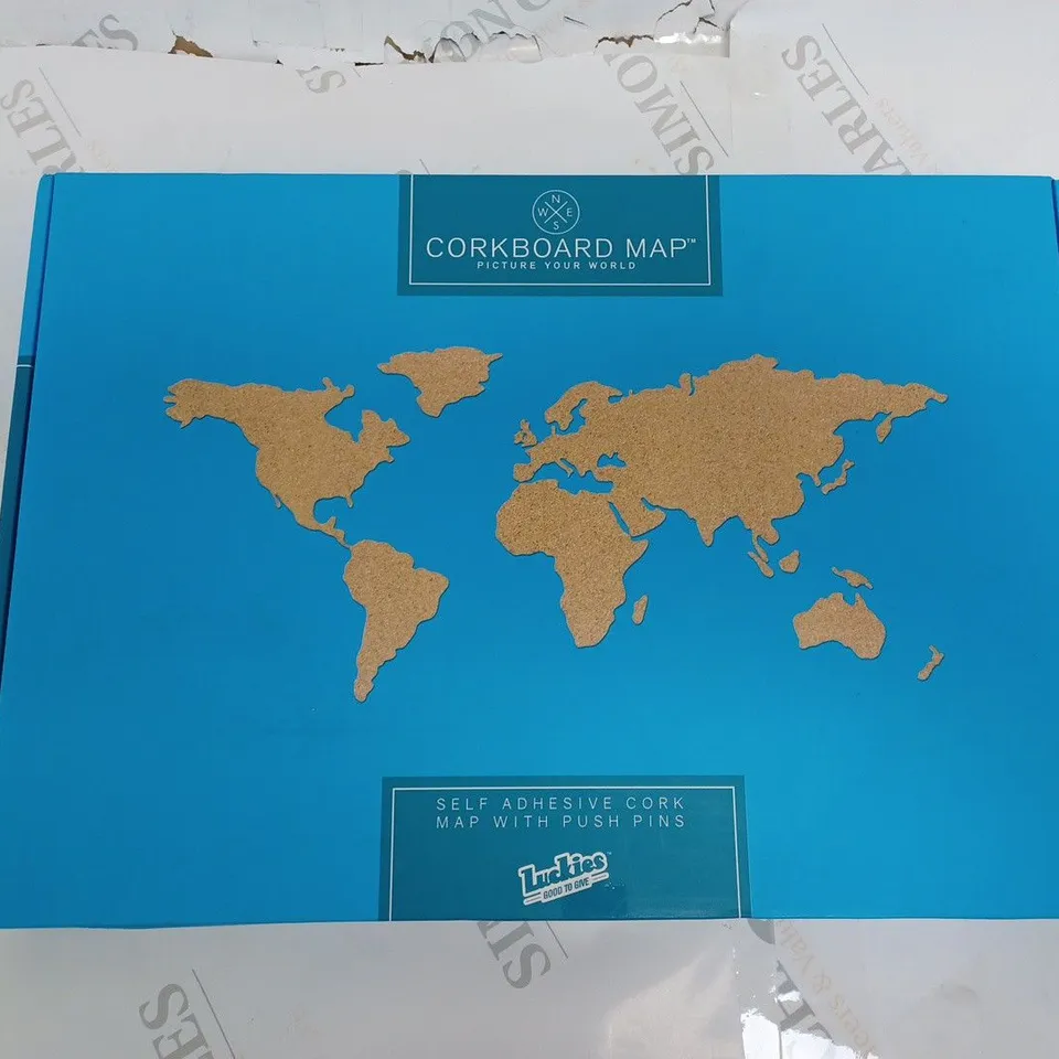 BOXED LUCKIES SELF-ADHESIVE CORKBOARD WORLD MAP WITH PUSH PINS