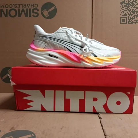 BOXED PAIR OF PUMA VELOCITY NITRO 4 TRAINERS IN WHITE/GLOWING RED-PINK SIZE UK 3.5