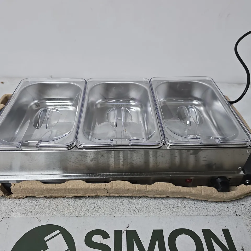 THE VINTAGE GOURMET ELECTRIC BUFFET WARMER – 3 X 1.5L STAINLESS STEEL, BOXED