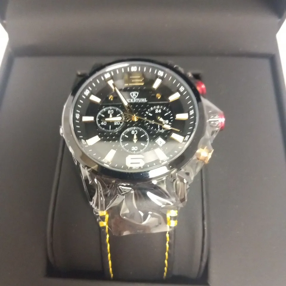 MEN’S RUCKSTUHL CHRONOGRAPH WATCH – MODEL R120 – BLACK MULTI-FUNCTION DIAL – BLACK GENUINE LEATHER STRAP – 3ATM WATER RESISTANT – RRP £530