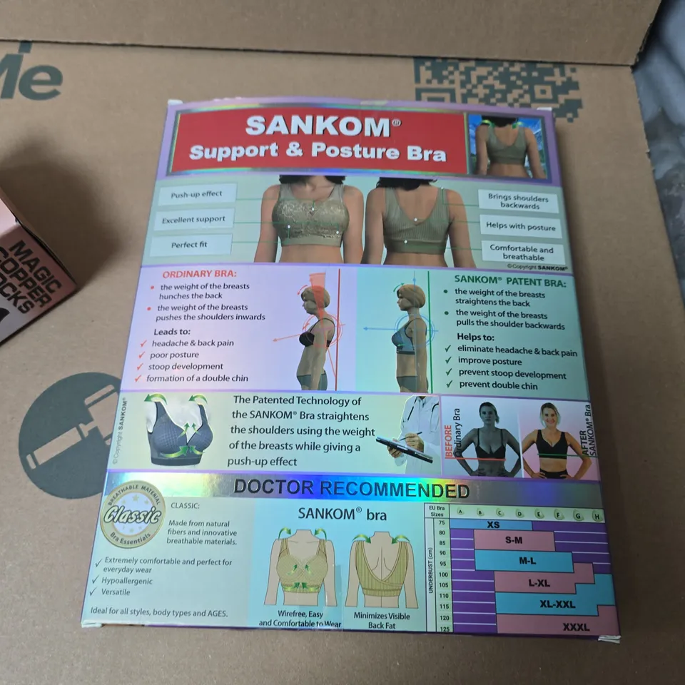 BOX OF APPROXIMATELY 20 ASSORTED ITEMS INCLUDING SANKOM SUPPORT POSTURE BRA , MAGIC COPPER SOCKS AND WINDOW CLEANER SQUEEGEE 